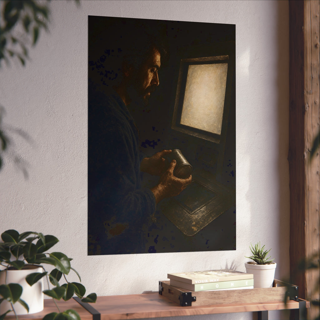 A bearded man holding a dented can before a lit checkout screen. The Item Without Recognition by Garabaggio, fine art print hanging in a room.
