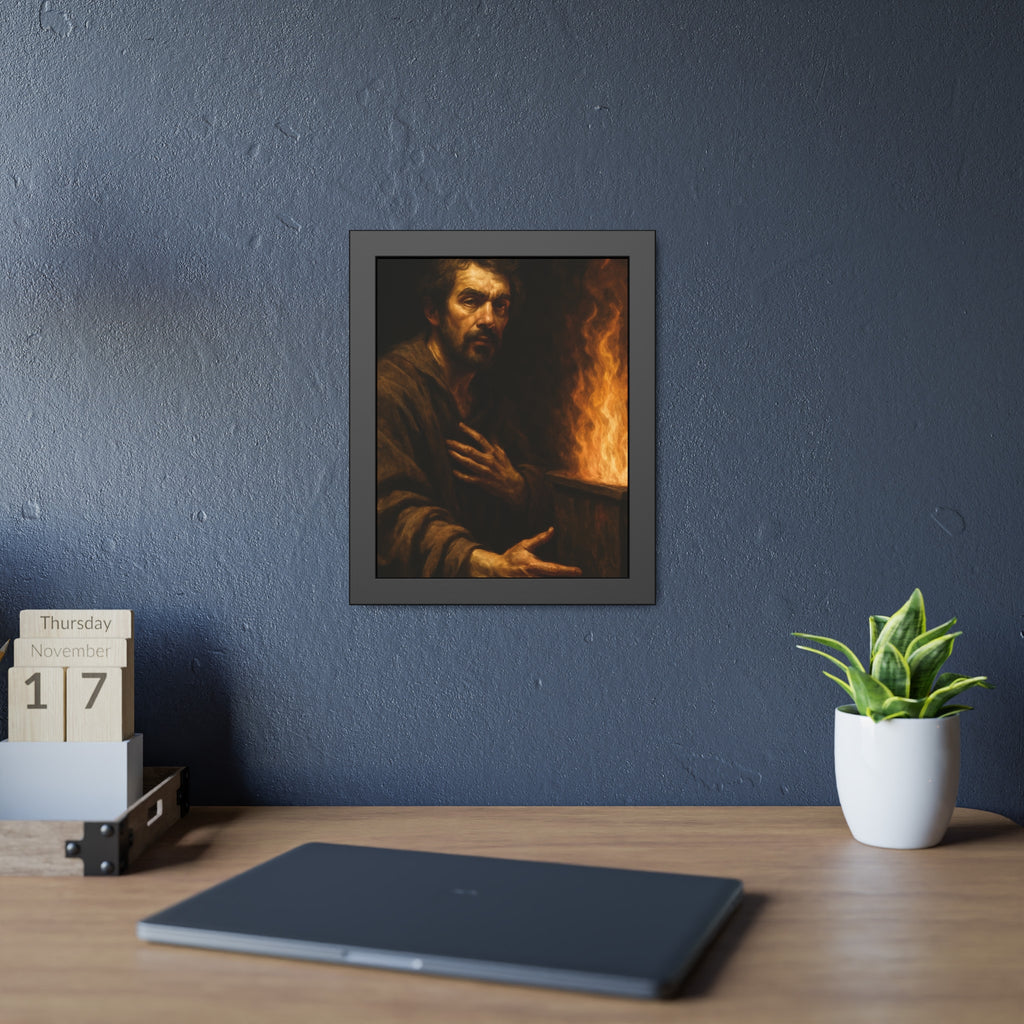 Bearded man with a hand on his chest beside flames rising from a bin. Self-Portrait as a Penitent by Garabaggio, framed fine art print hanging in a room.