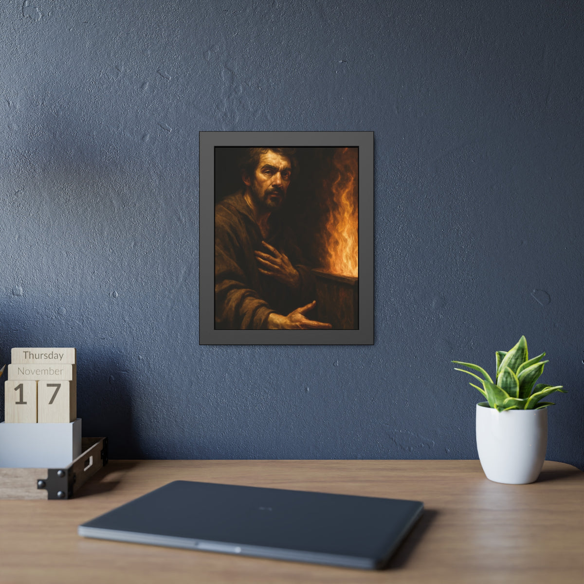Bearded man with a hand on his chest beside flames rising from a bin. Self-Portrait as a Penitent by Garabaggio, framed fine art print hanging in a room.