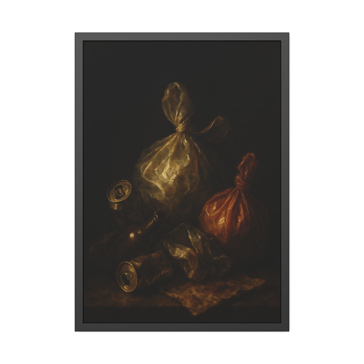 Two knotted plastic bags and crushed cans on a dark table. The Knotted Offering by Garabaggio, framed fine art print hanging in a room.