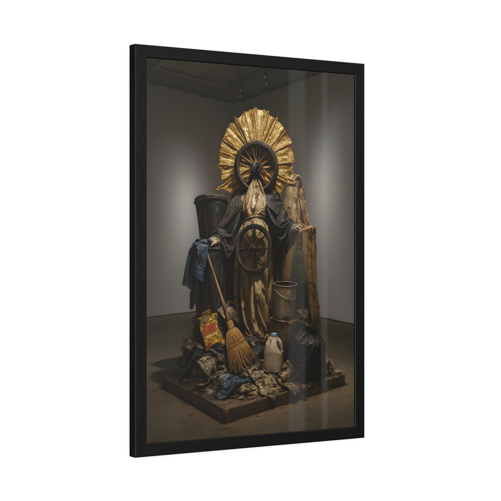 A draped figure with cart wheels above heaped trash. The Martyrdom of Saint Catherine of the Cartwheel by Garabaggio, framed fine art print hanging in a room.