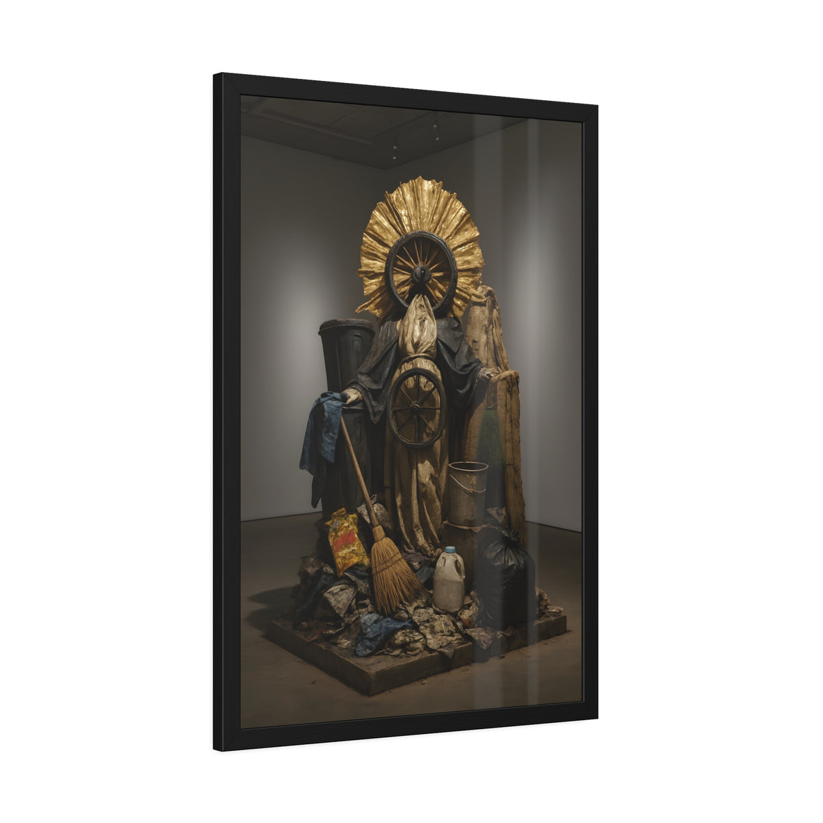 A draped figure with cart wheels above heaped trash. The Martyrdom of Saint Catherine of the Cartwheel by Garabaggio, framed fine art print hanging in a room.