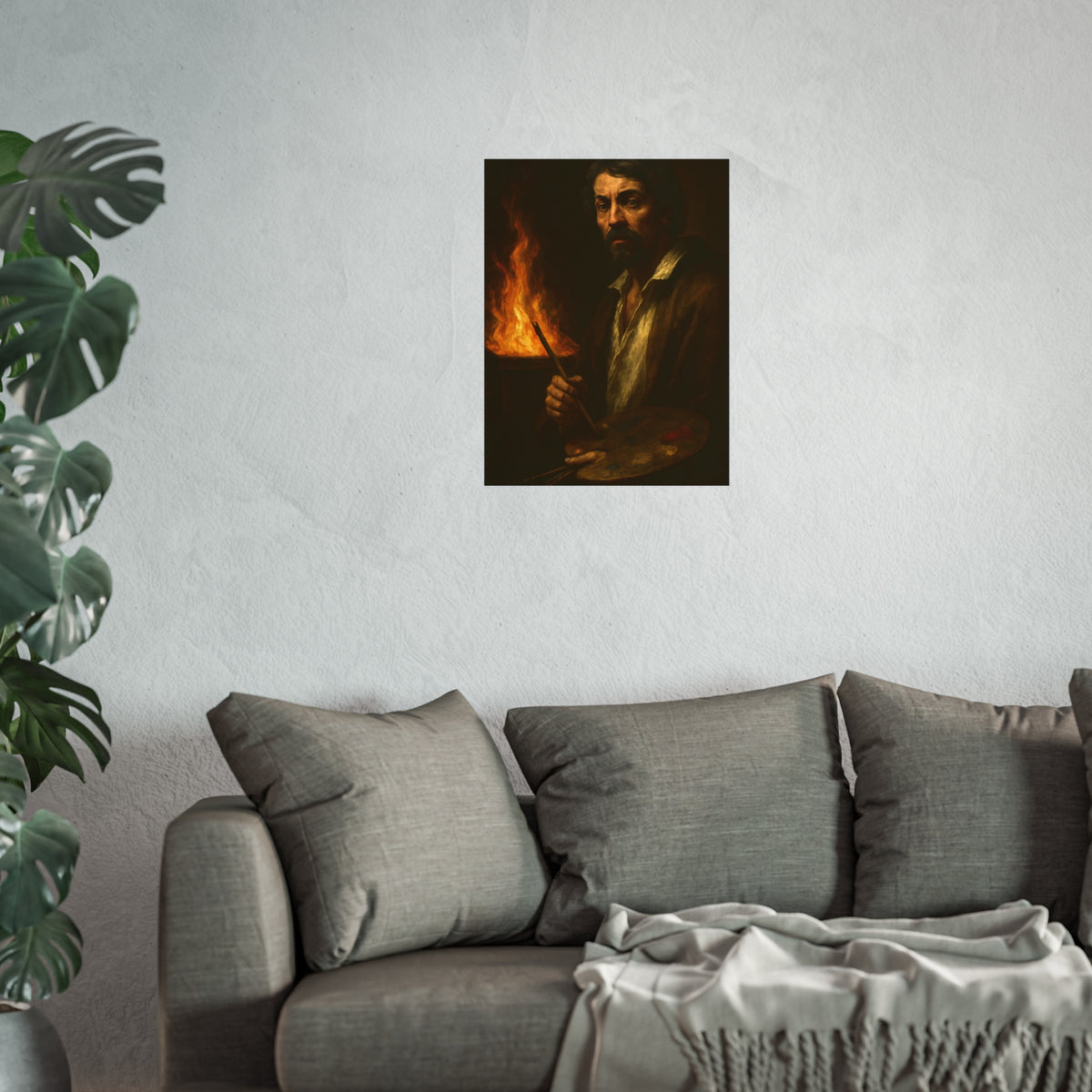 Man holding a palette and brushes, a fire behind him. Self-Portrait with Palette (After Caravaggio) by Garabaggio, fine art print hanging in a room.