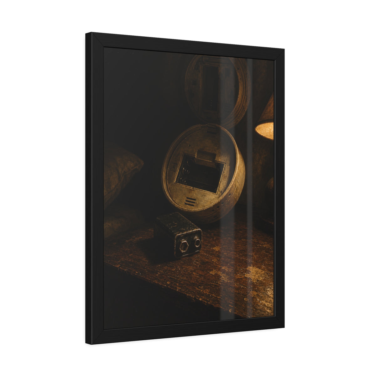 An open smoke detector on a wooden table beside a removed nine volt battery. The Silence After Removal by Garabaggio, framed fine art print hanging in a room.