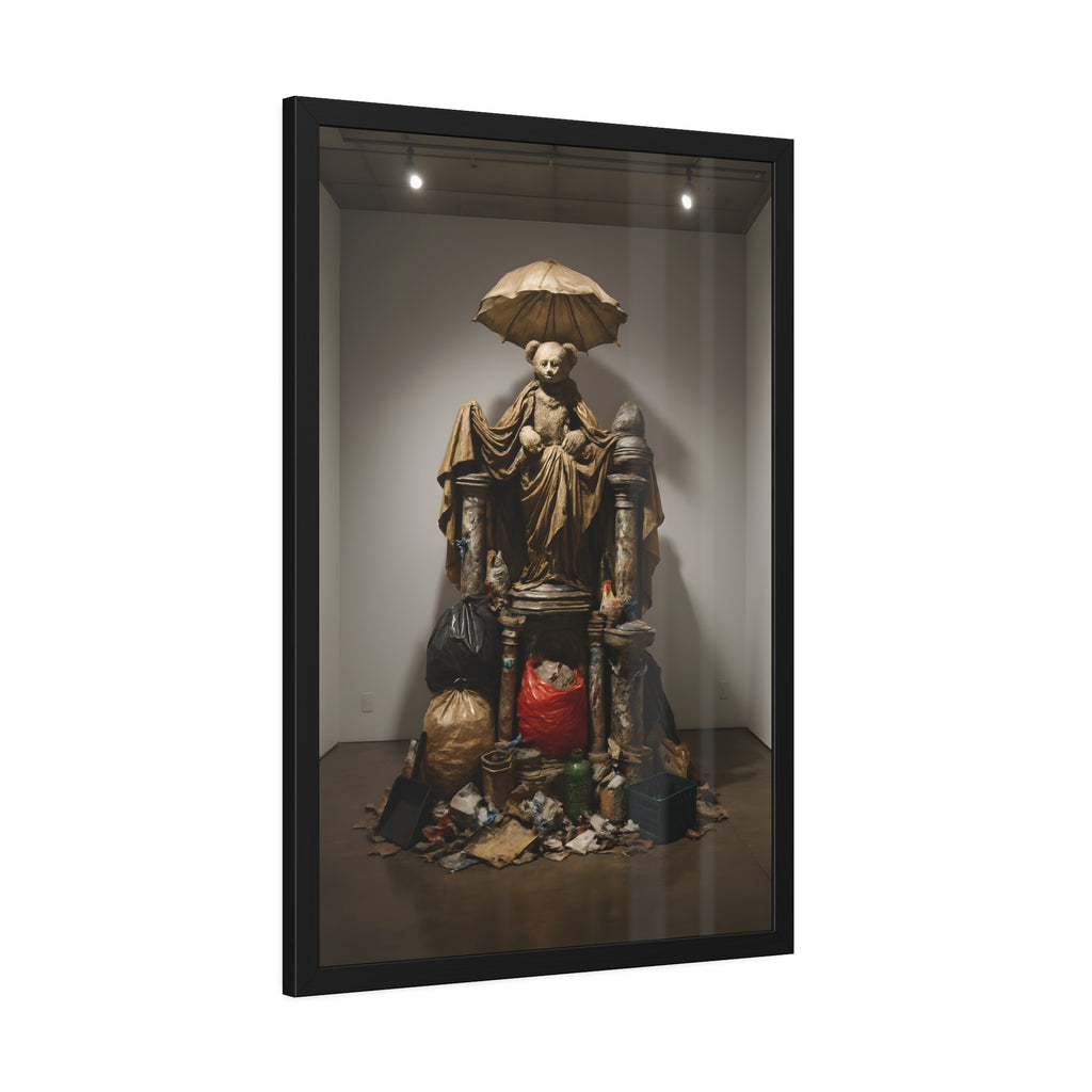 A teddy bear figure under an umbrella atop a pile of trash bags. Madonna of the Lost and Found by Garabaggio, framed fine art print hanging in a room.