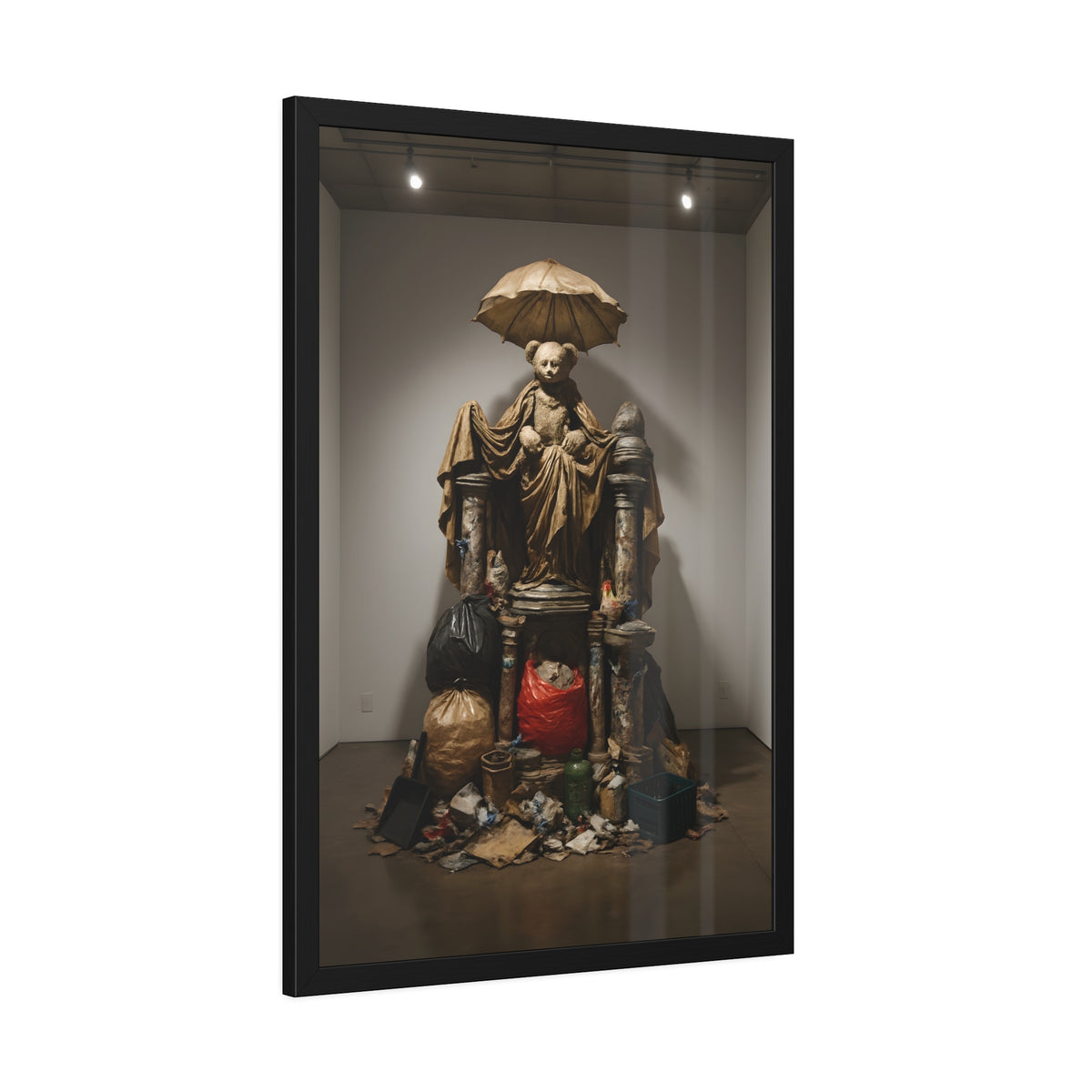 A teddy bear figure under an umbrella atop a pile of trash bags. Madonna of the Lost and Found by Garabaggio, framed fine art print hanging in a room.