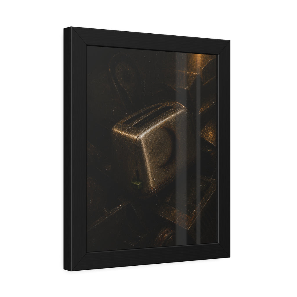 A scorched toaster resting on a heap of scrap appliances in dim light. The Arrival at Scrap by Garabaggio, framed fine art print hanging in a room.