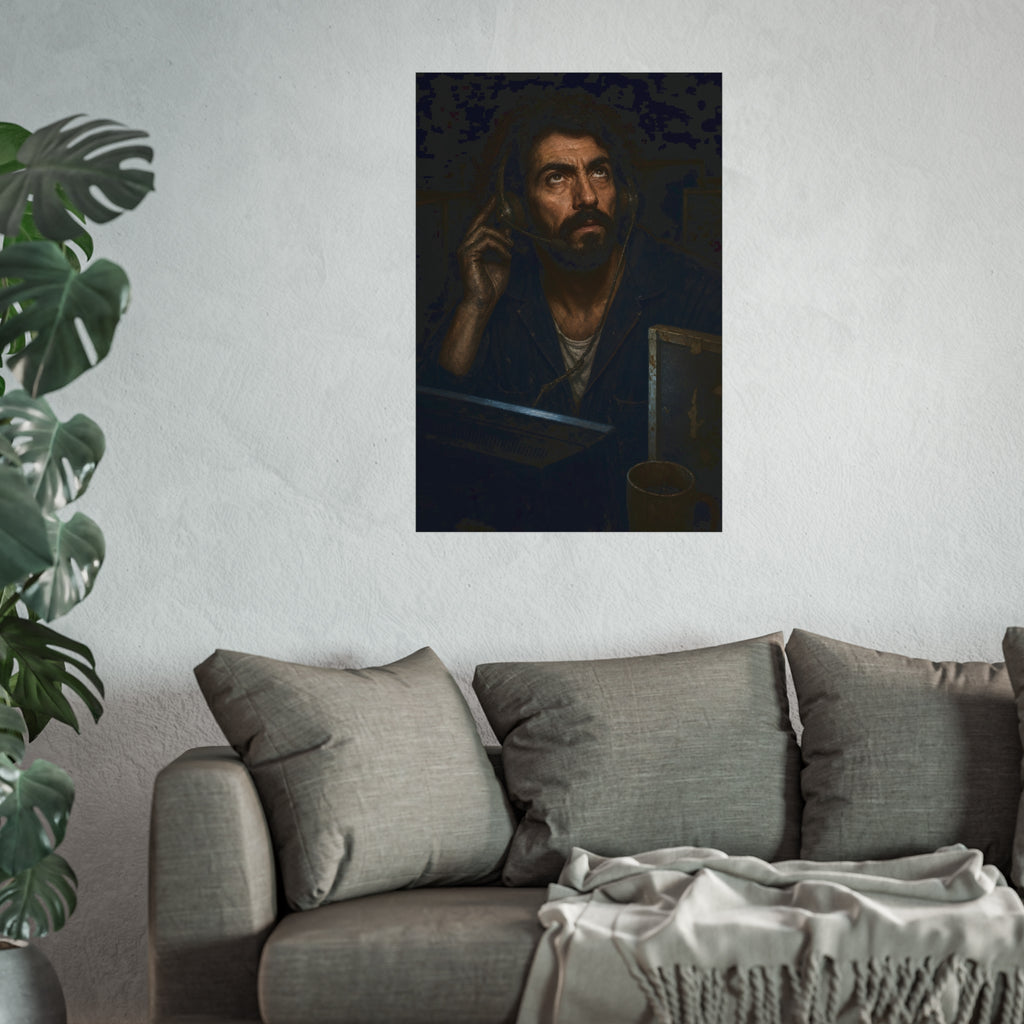 A man in a phone headset looks upward over the glow of a monitor. Garabaggio on Hold by Garabaggio, fine art print hanging in a room.