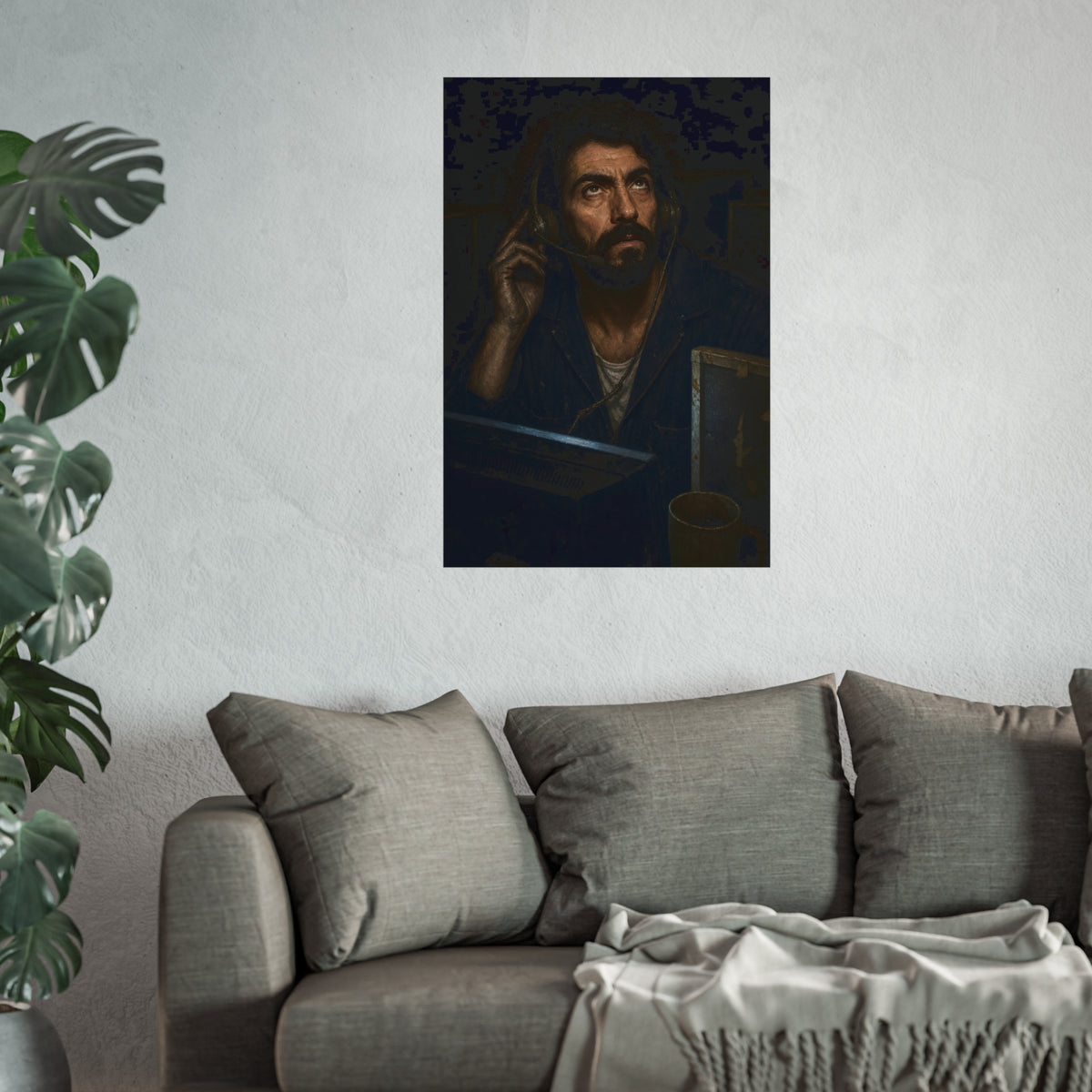 A man in a phone headset looks upward over the glow of a monitor. Garabaggio on Hold by Garabaggio, fine art print hanging in a room.