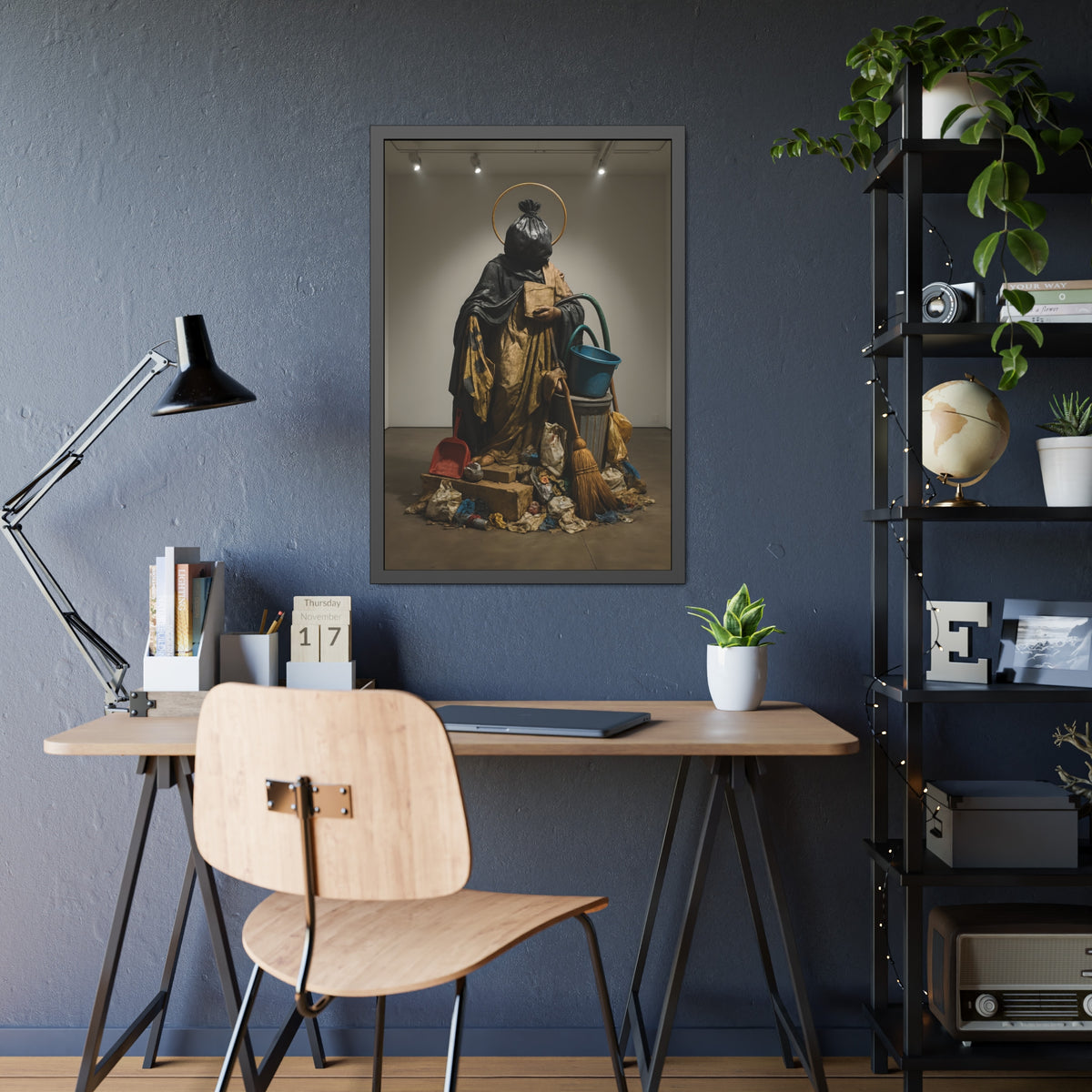 A robed figure with a garbage bag head and gold halo holding a broom. The Custodian Enthroned by Garabaggio, framed fine art print hanging in a room.