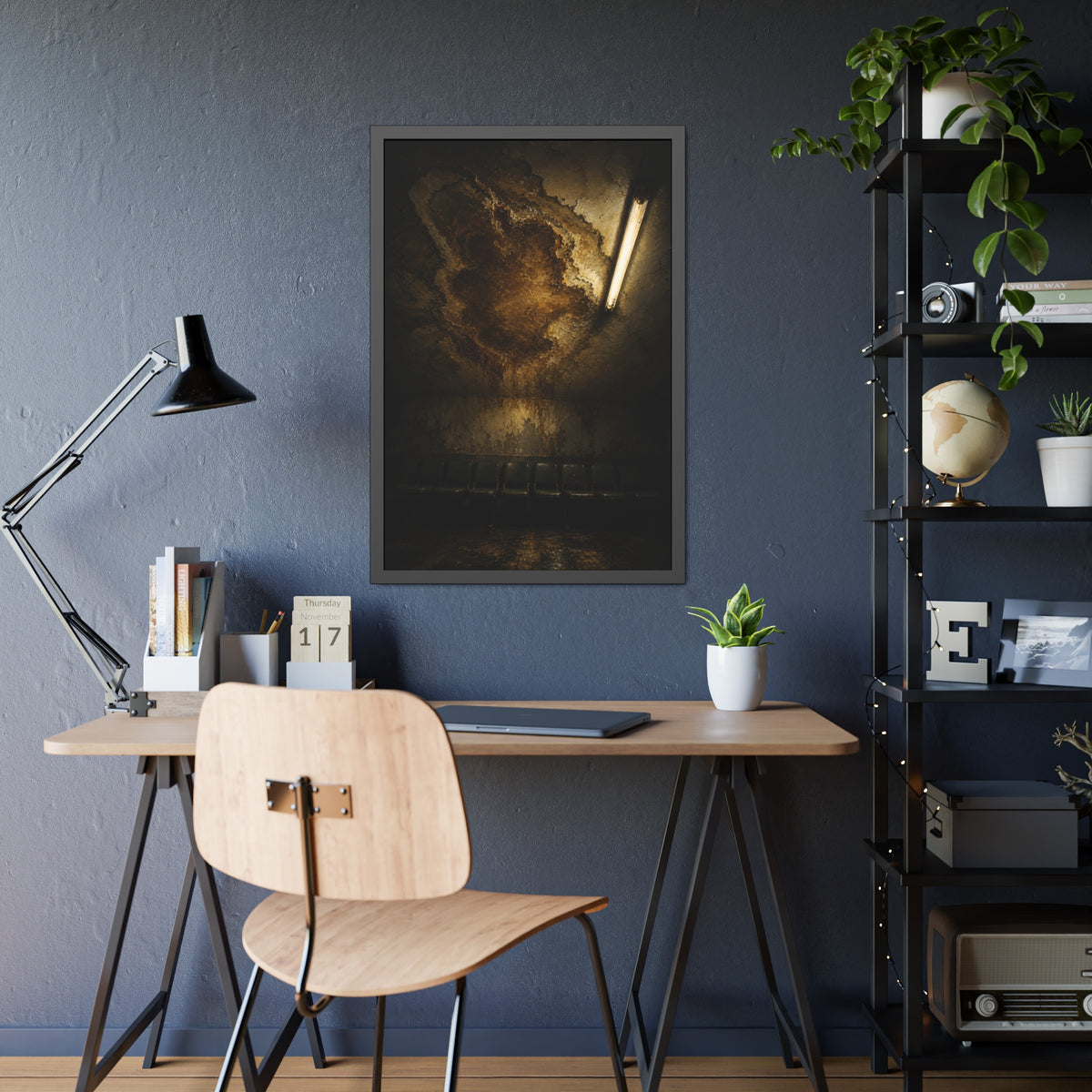 A brown water stain spreading across a ceiling above a row of chairs. The Stain Above the Row by Garabaggio, framed fine art print hanging in a room.