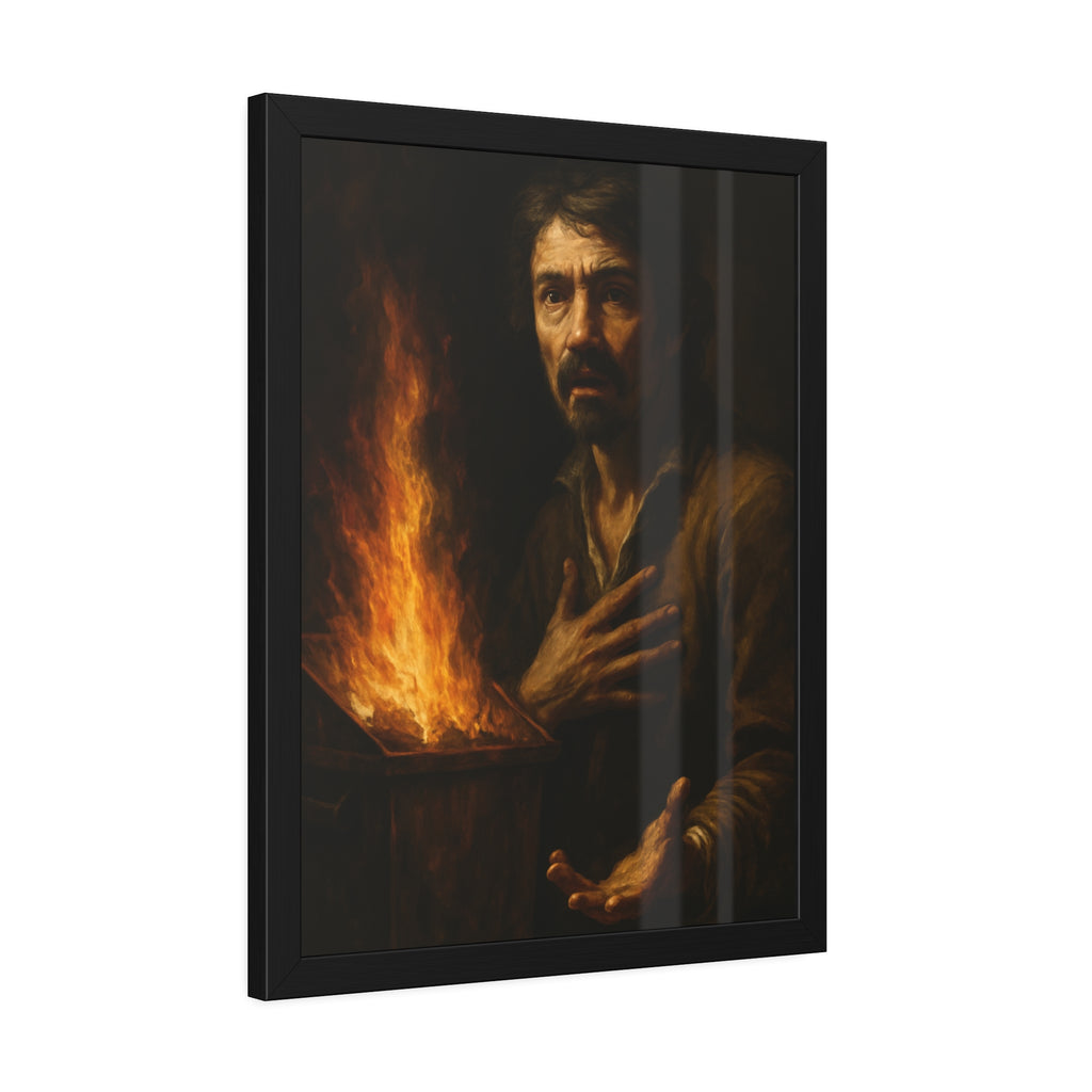 Man reaching an open palm toward a dumpster fire at his left. Self-Portrait as the Doubting Thomas by Garabaggio, framed fine art print hanging in a room.