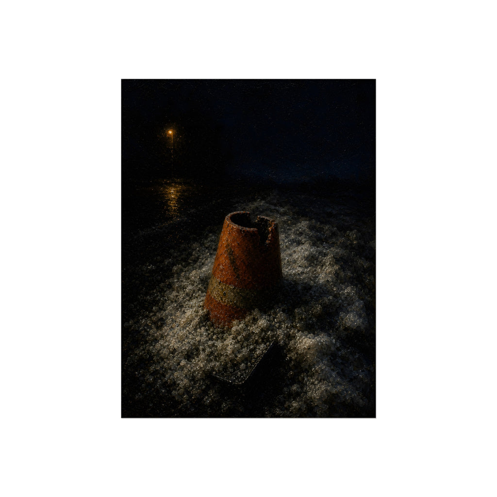 An orange traffic cone half buried in road salt under a distant streetlight. The Burial in Road Salt by Garabaggio, fine art print, 12″ x 16″.