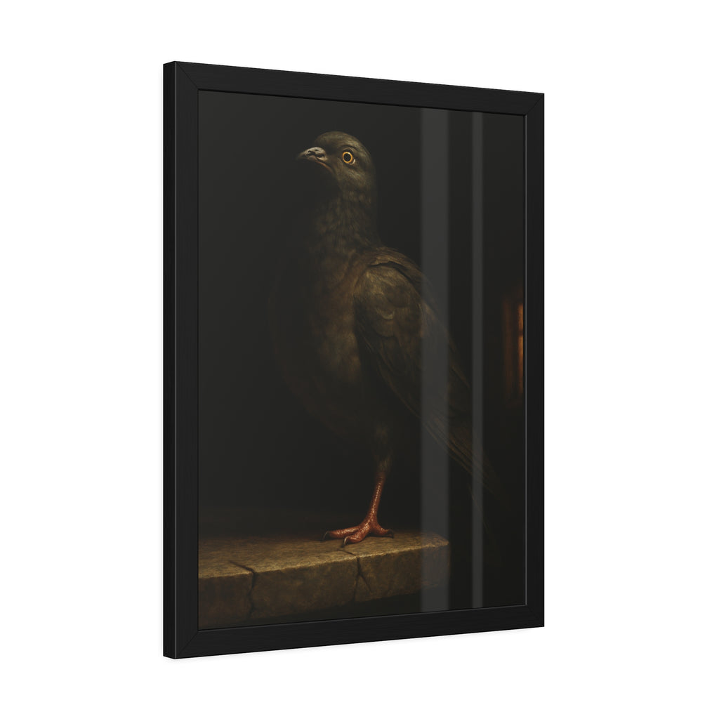 A pigeon standing on a cracked stone ledge in near darkness. The Martyrdom of the One-Legged Saint by Garabaggio, framed fine art print hanging in a room.