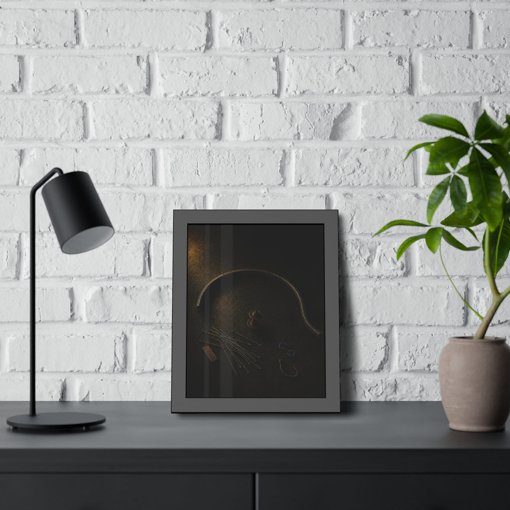Bent bicycle rim, loose spokes and hub laid out on dark asphalt. Arc and Spokes by Garabaggio, framed fine art print hanging in a room.