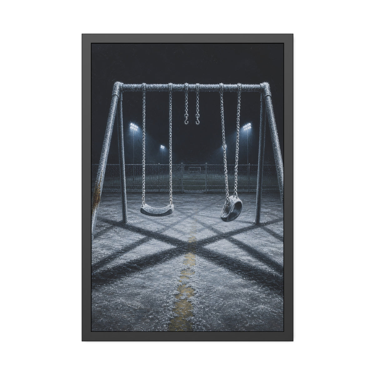 A frost covered swing set on empty asphalt under distant floodlights. The Third Hour: The Coldest Part by Garabaggio, framed fine art print, 24″ x 36″.
