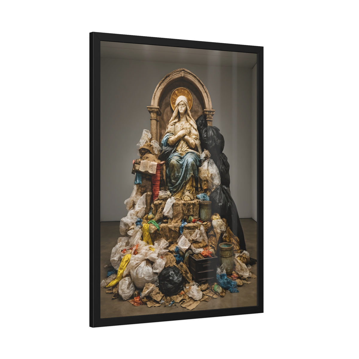 A robed statue on a mound of garbage bags in a gallery. The Immaculate Collection by Garabaggio, framed fine art print hanging in a room.