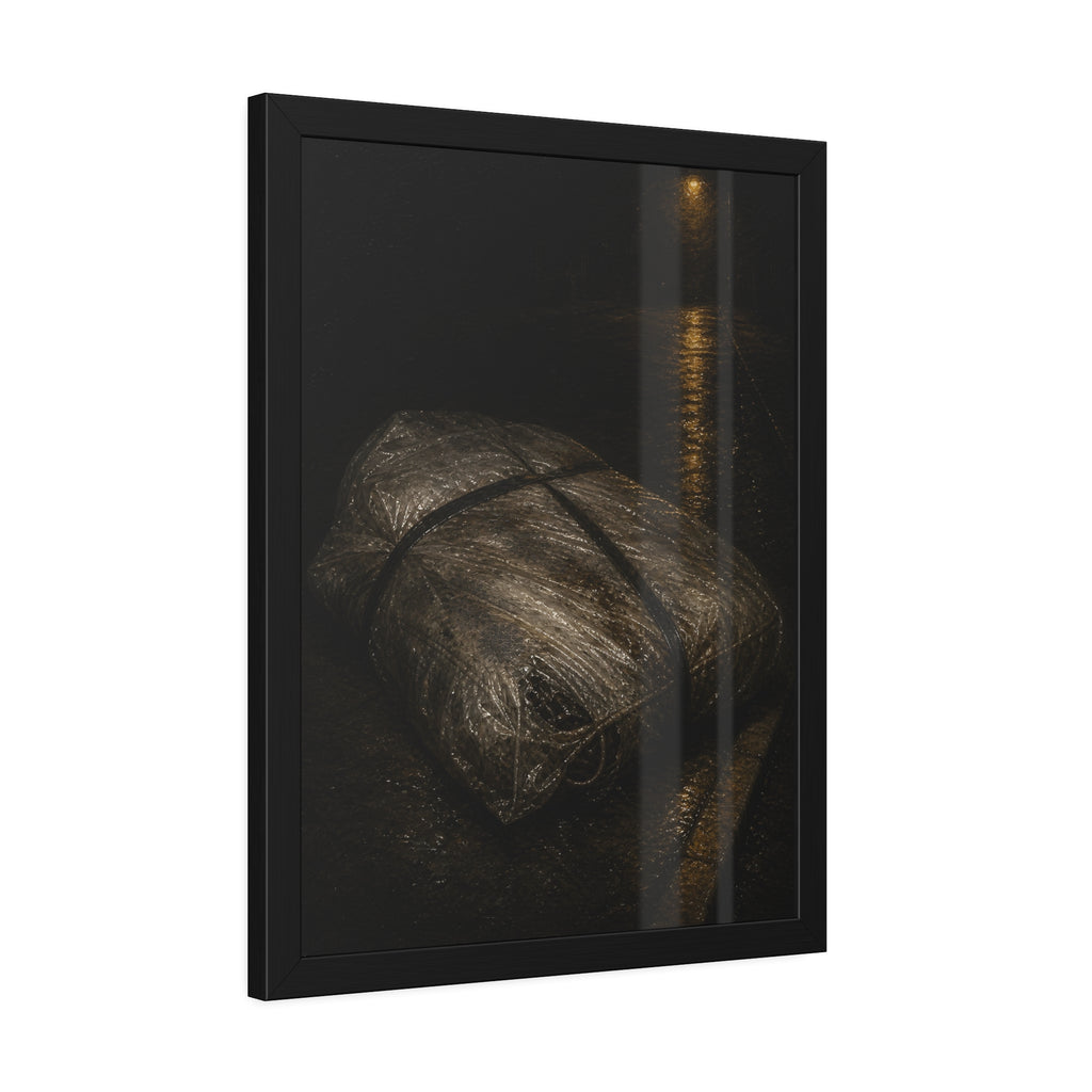 A mattress wrapped in plastic and strapped shut on a wet night street. The Municipal Shroud by Garabaggio, framed fine art print hanging in a room.