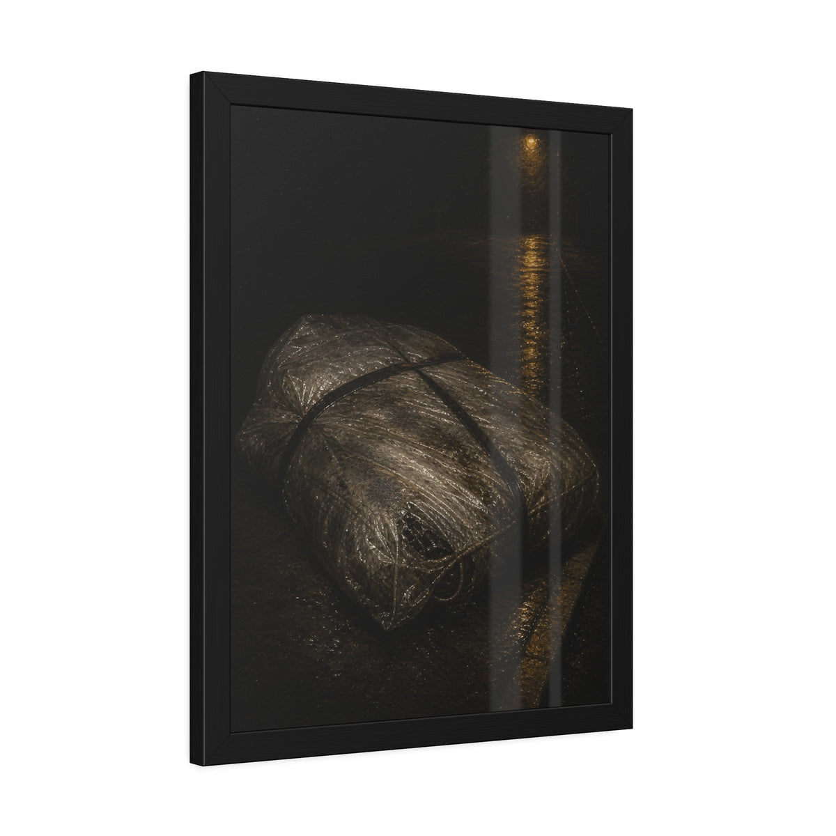 A mattress wrapped in plastic and strapped shut on a wet night street. The Municipal Shroud by Garabaggio, framed fine art print hanging in a room.
