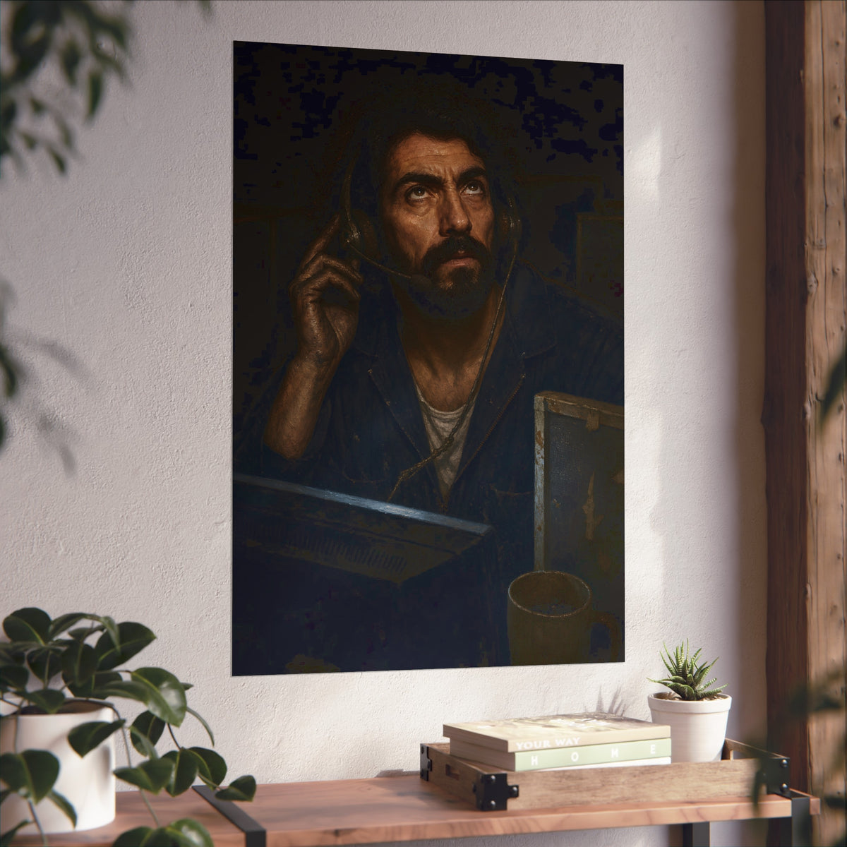 A man in a phone headset looks upward over the glow of a monitor. Garabaggio on Hold by Garabaggio, fine art print hanging in a room.