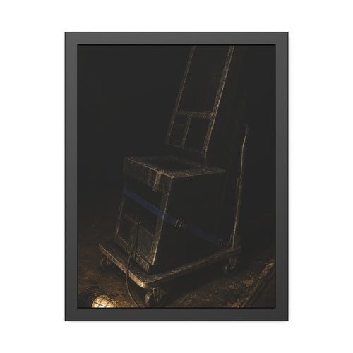 A self checkout unit strapped to a hand truck beside a caged lamp. The Removal of the Machine by Garabaggio, framed fine art print, 18″ x 24″.