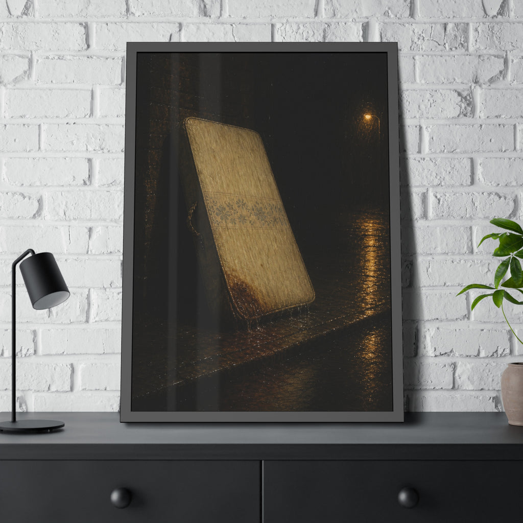A stained mattress leaning against a wall in rain under a streetlamp. The First Rain by Garabaggio, framed fine art print hanging in a room.