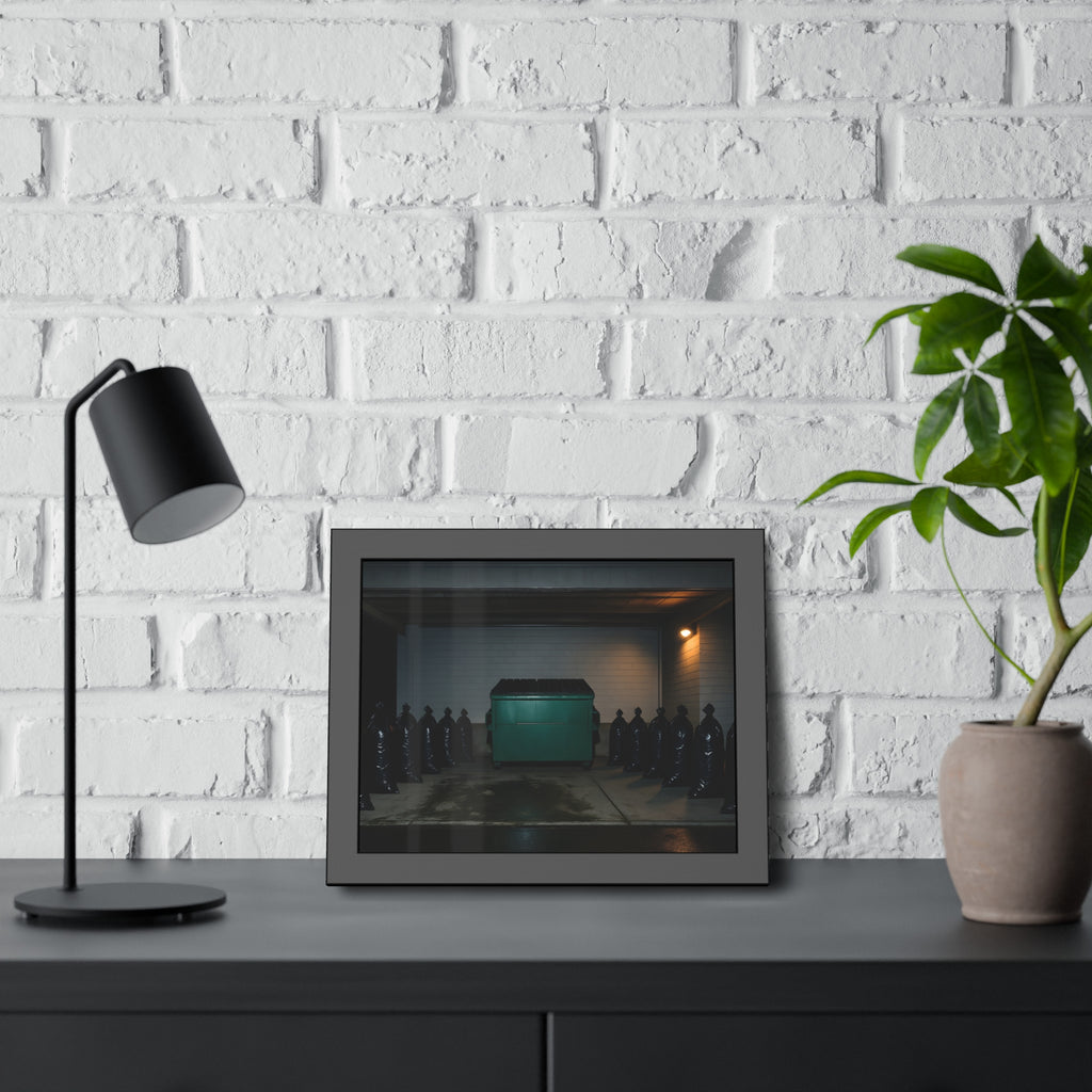 A green dumpster flanked by rows of black garbage bags under a lamp. Night Watch of the Loading Dock by Garabaggio, framed fine art print hanging in a room.