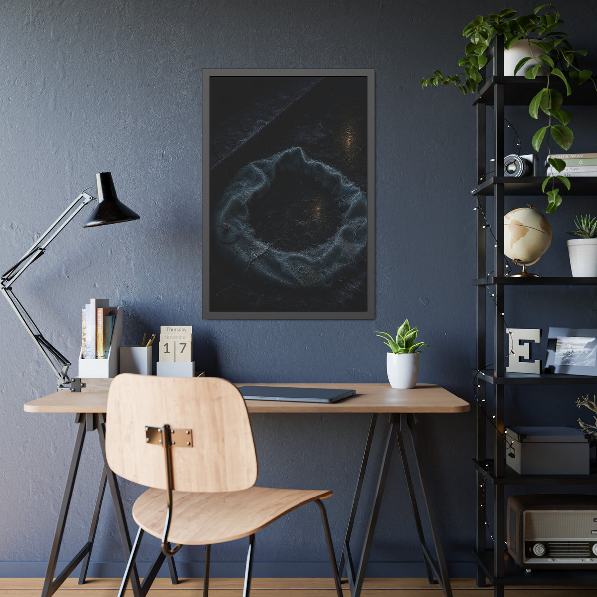 A deflated ring float collapsed on wet pavement under distant amber light. The Freezing of the Smile by Garabaggio, framed fine art print hanging in a room.