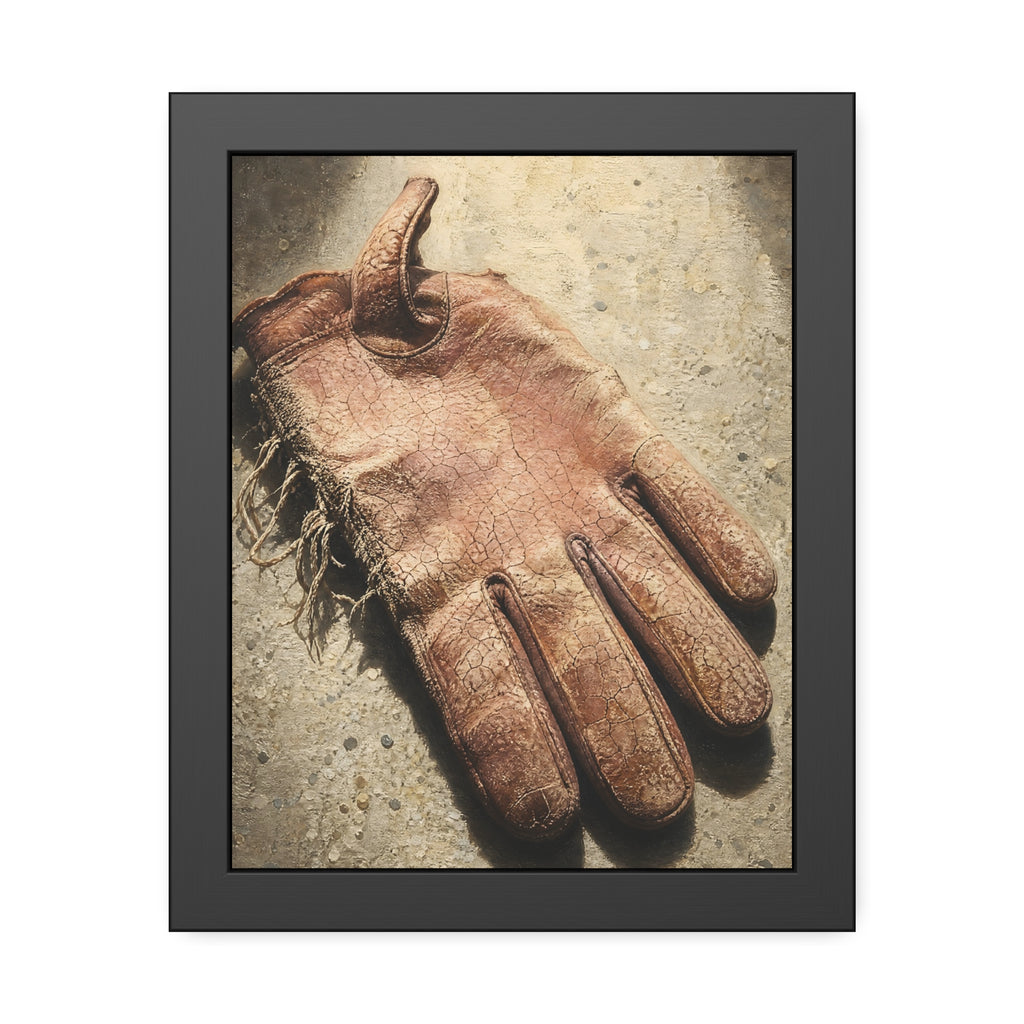 A cracked leather work glove lying on bright sunlit concrete. The Bleaching, Study of a Sun-Tired Glove by Garabaggio, framed fine art print, 11″ x 14″.