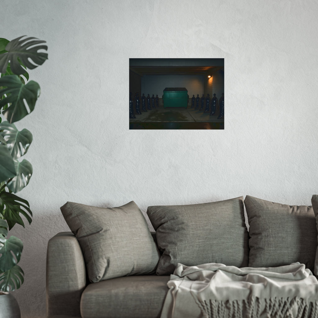 A green dumpster flanked by rows of black garbage bags under a lamp. Night Watch of the Loading Dock by Garabaggio, fine art print hanging in a room.
