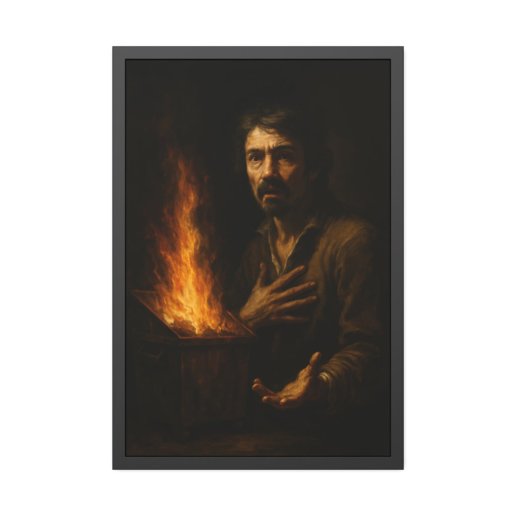 Man reaching an open palm toward a dumpster fire at his left. Self-Portrait as the Doubting Thomas by Garabaggio, framed fine art print hanging in a room.