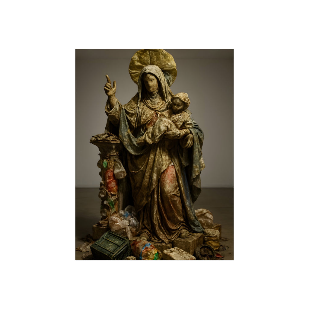 A standing veiled figure holding a child, refuse piled around the base. The Virgin of the Landfill by Garabaggio, fine art print, 12″ x 16″.