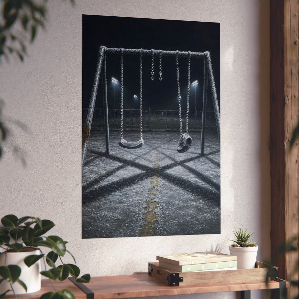 A frost covered swing set on empty asphalt under distant floodlights. The Third Hour: The Coldest Part by Garabaggio, fine art print hanging in a room.