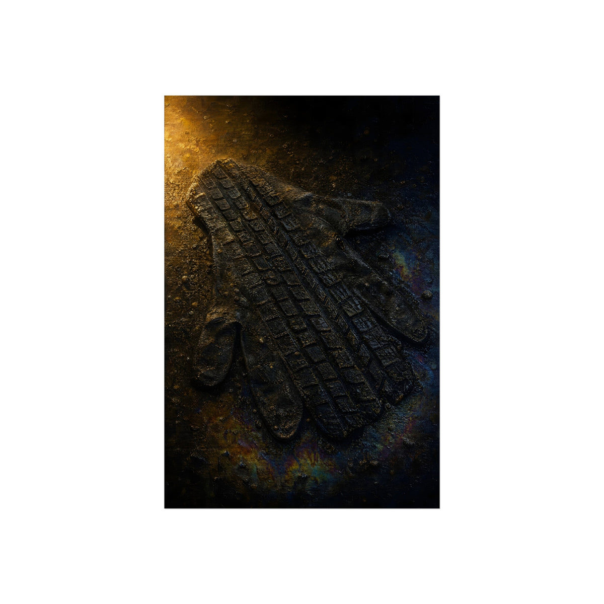 A flattened work glove on asphalt with a tire tread pressed across it. The Passage of the Wheel by Garabaggio, fine art print hanging in a room.