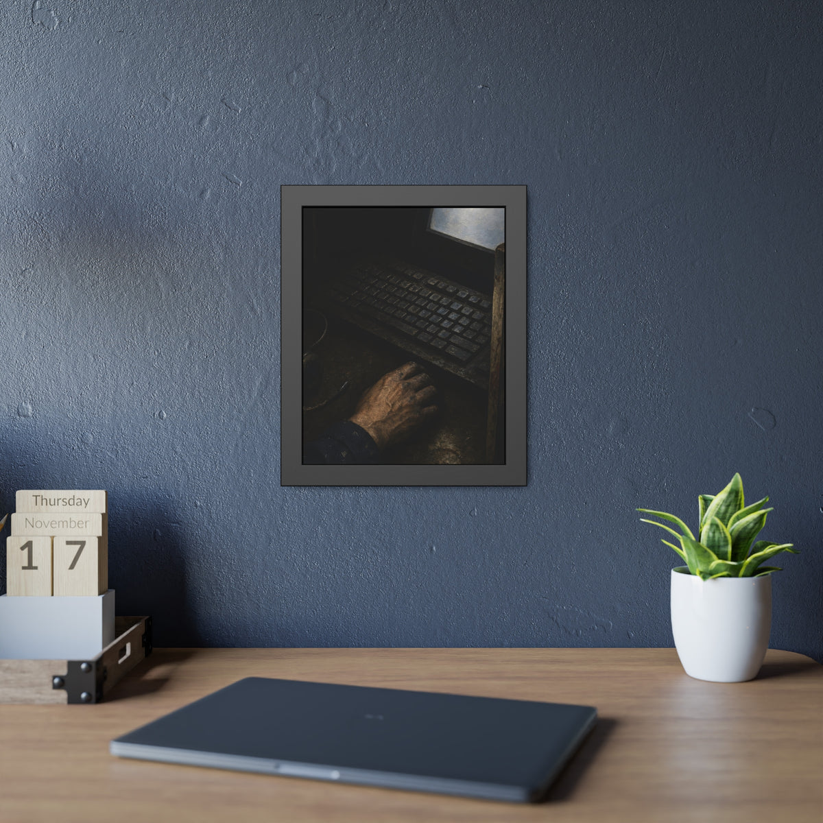 A hand on a mouse beside a grimy keyboard and a pale glowing screen. Login Before Dawn by Garabaggio, framed fine art print hanging in a room.