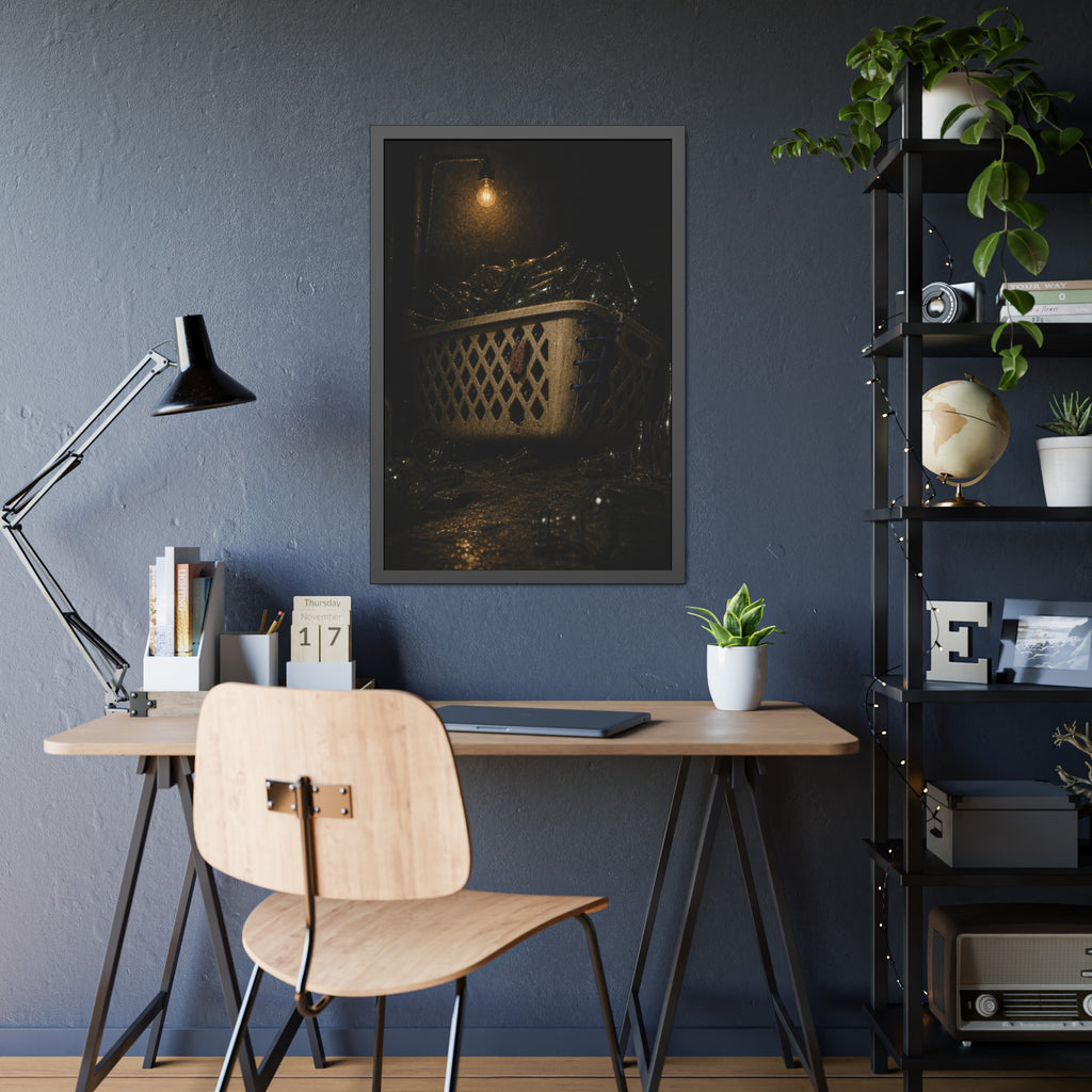 A laundry basket filled with glass bottles under a bare hanging bulb. The Second Life for Bottles by Garabaggio, framed fine art print hanging in a room.