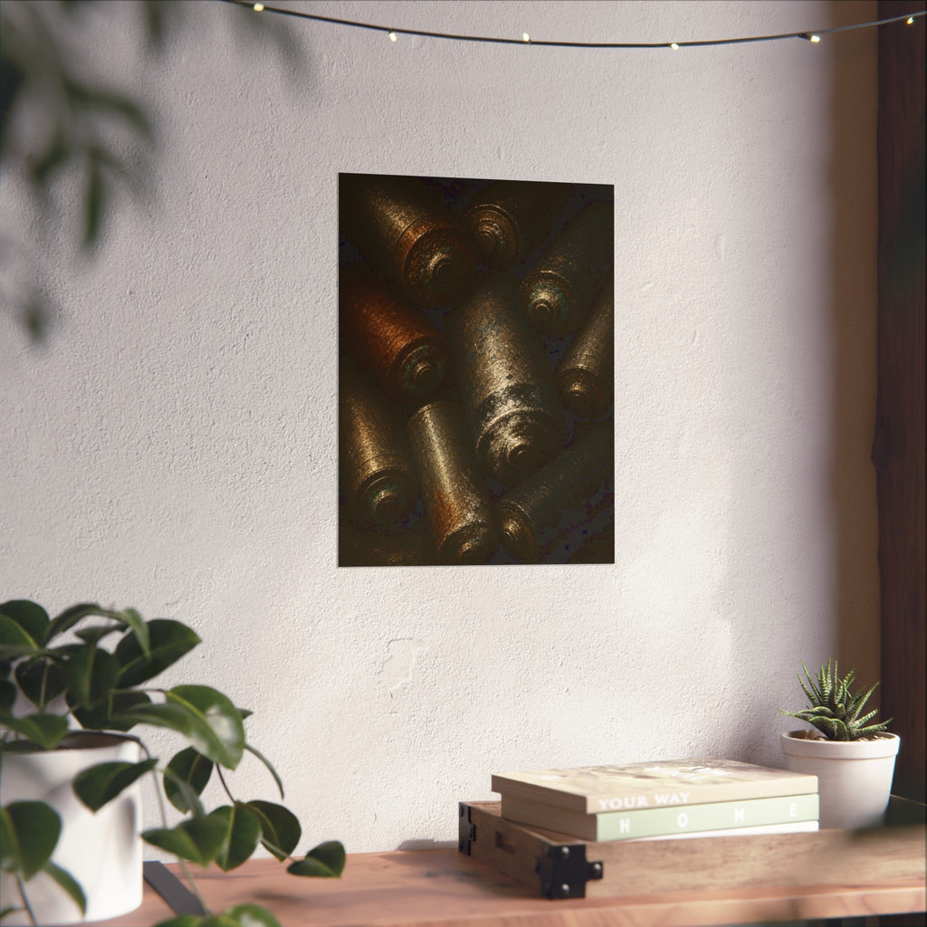 Heap of corroded batteries filling the frame in dim raking light. Chorus of Corrosion by Garabaggio, fine art print hanging in a room.