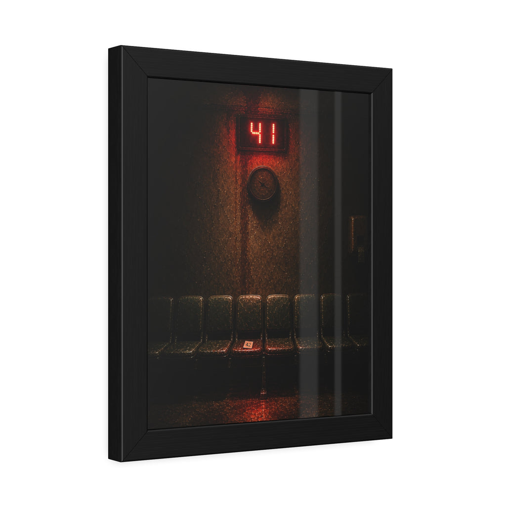 An empty row of waiting room seats beneath a red display reading 41. The Call That Does Not Come by Garabaggio, framed fine art print hanging in a room.