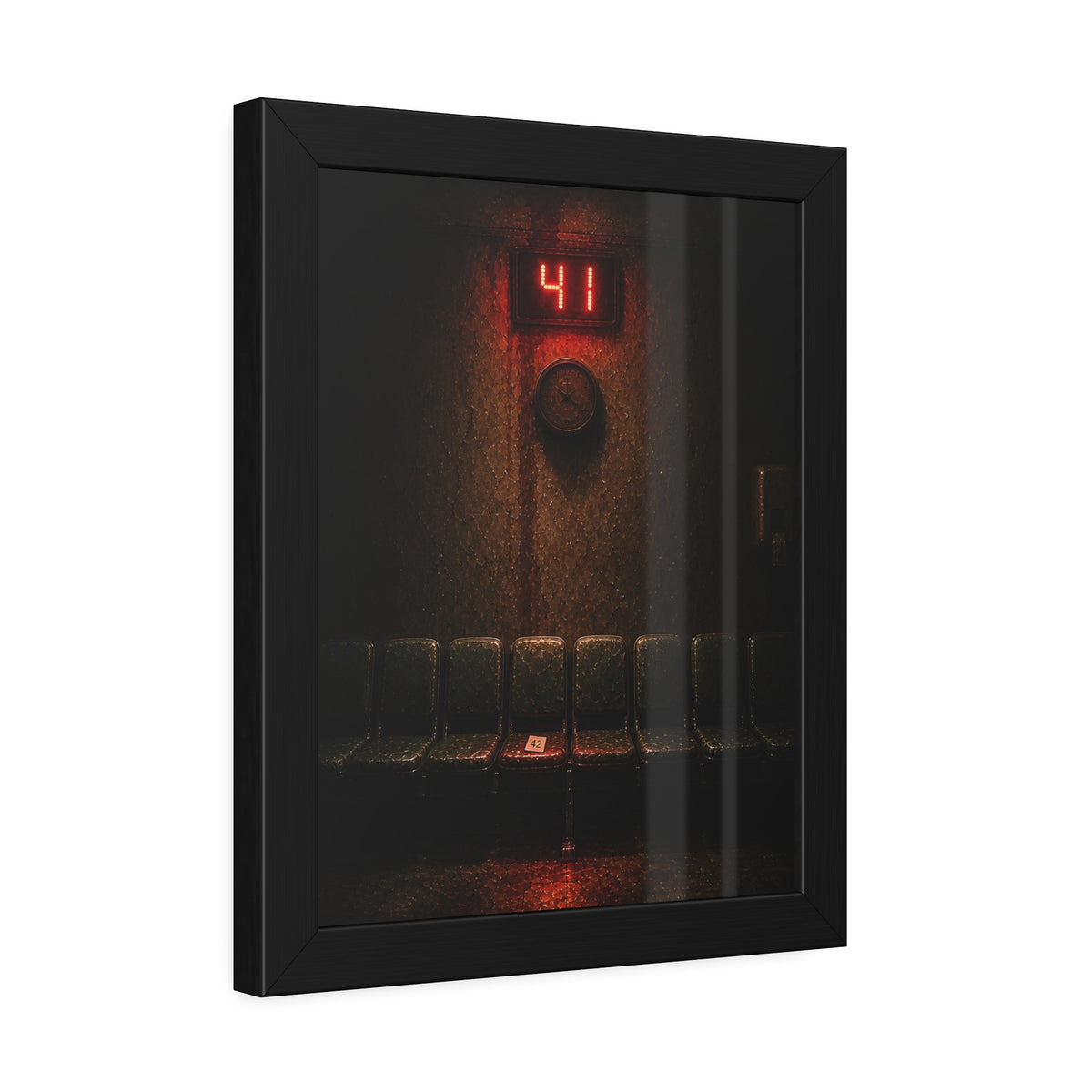 An empty row of waiting room seats beneath a red display reading 41. The Call That Does Not Come by Garabaggio, framed fine art print hanging in a room.
