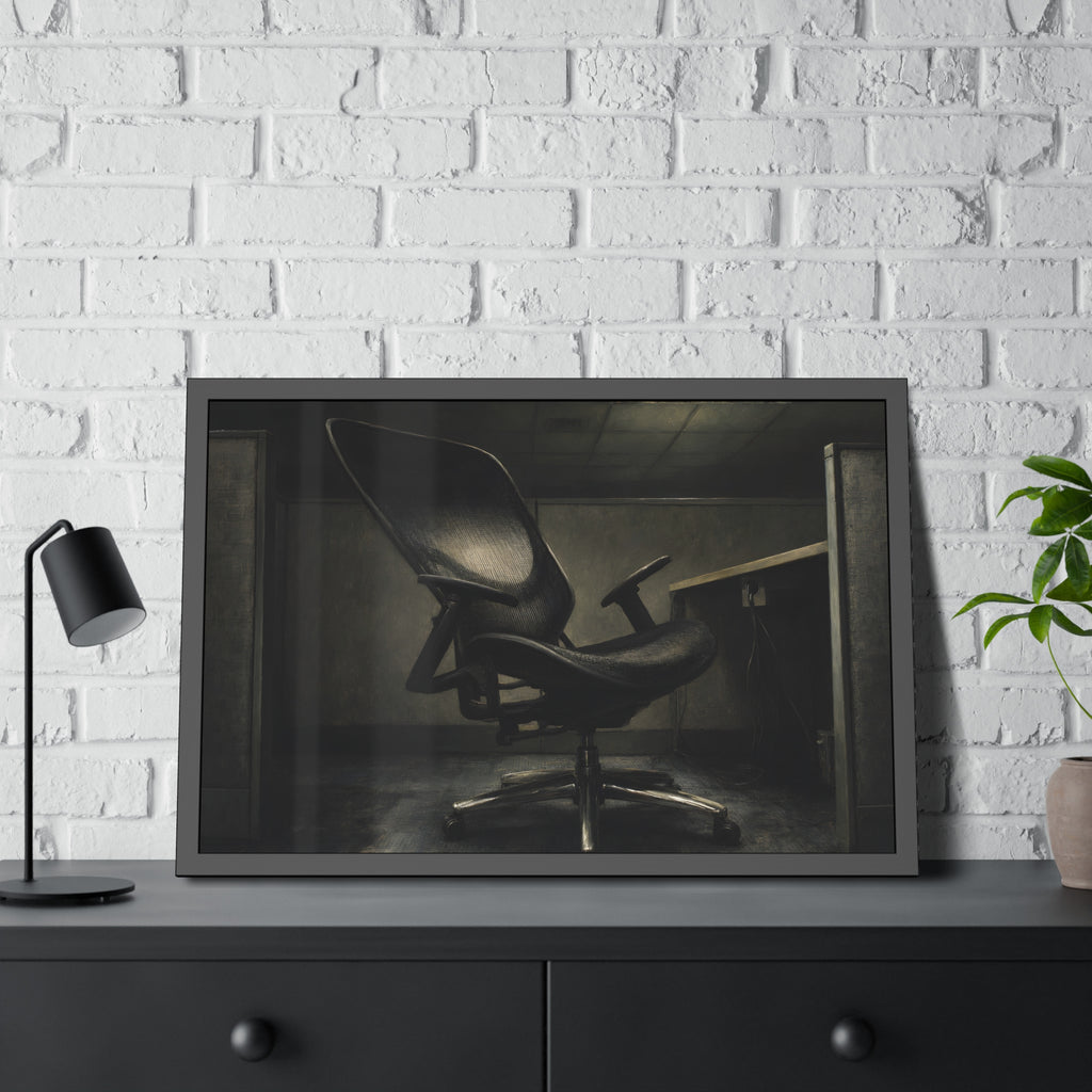 An office chair tilted back in an empty cubicle under one ceiling light. The Ergonomic Chair, Unlocked by Garabaggio, framed fine art print hanging in a room.