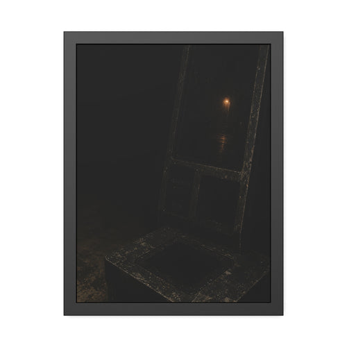 A dark self checkout kiosk with a streetlamp reflected in its blank screen. The Darkened Terminal by Garabaggio, framed fine art print, 18″ x 24″.