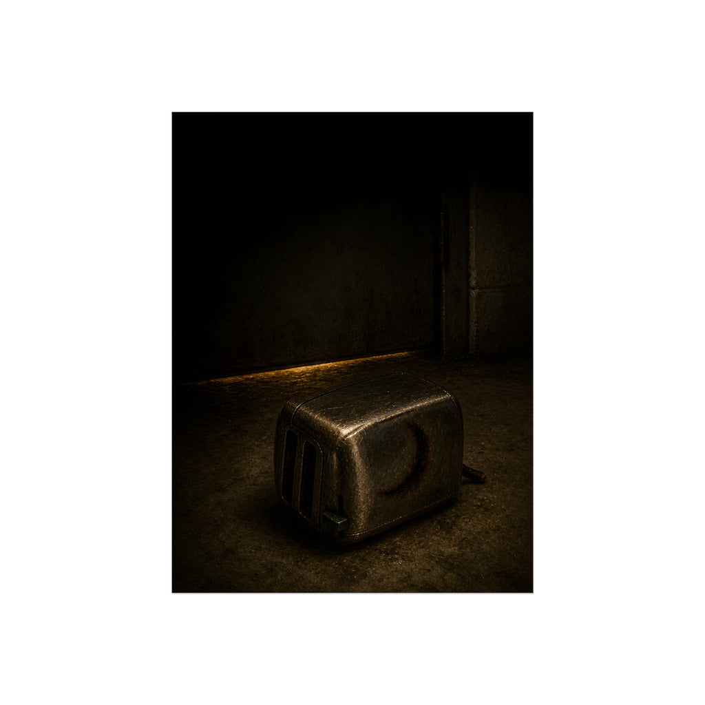 A scorched toaster on the ground in a dark corner, light on the wall. The Rejection at the Back Door by Garabaggio, fine art print, 12″ x 16″.
