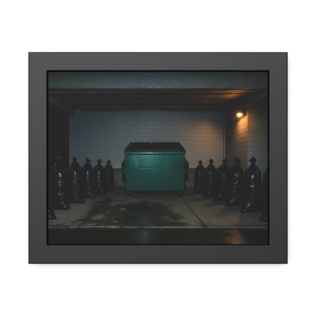 A green dumpster flanked by rows of black garbage bags under a lamp. Night Watch of the Loading Dock by Garabaggio, framed fine art print, 14″ x 11″.