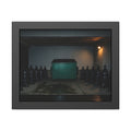 A green dumpster flanked by rows of black garbage bags under a lamp. Night Watch of the Loading Dock by Garabaggio, framed fine art print, 14″ x 11″.
