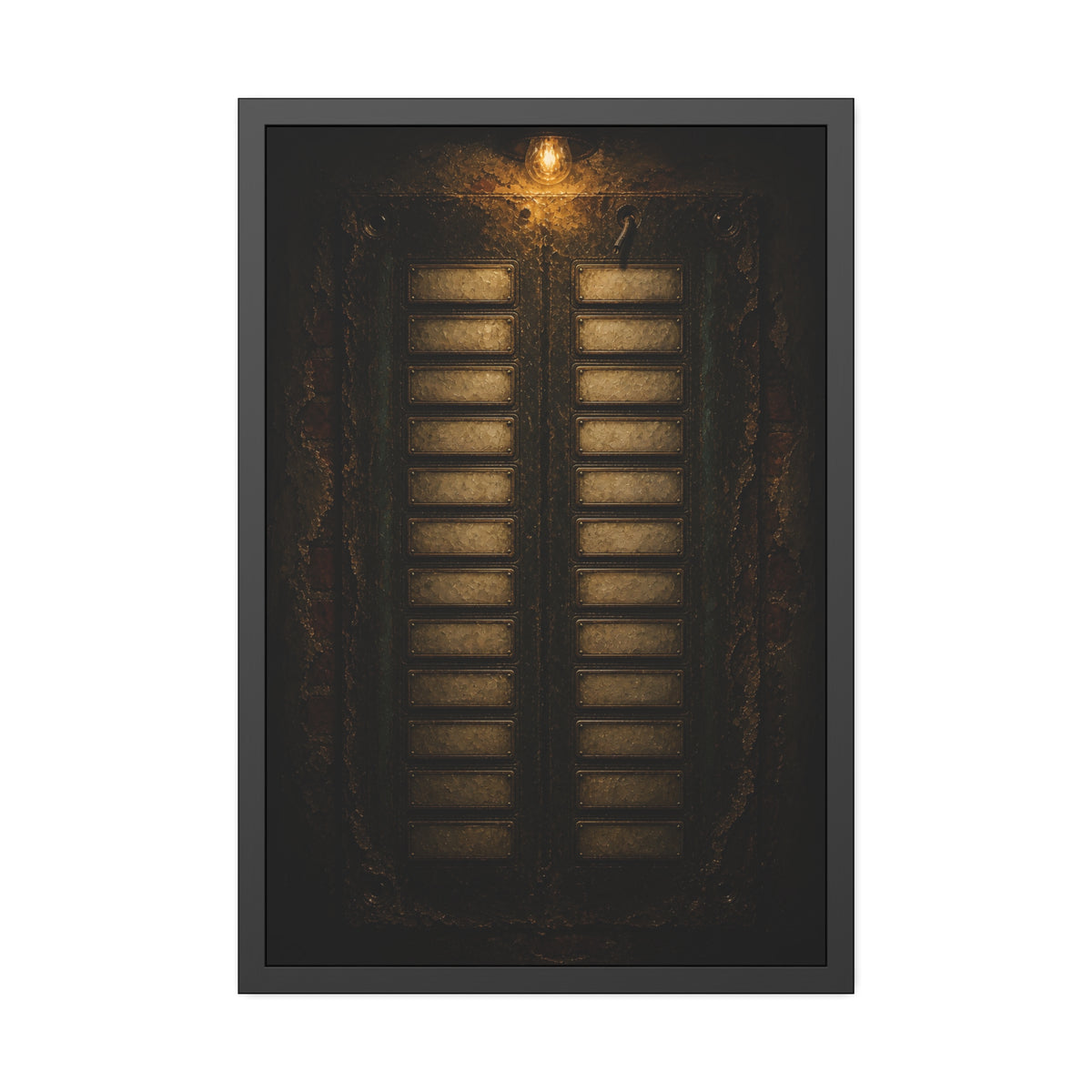 An intercom panel of blank name slots on a weathered building wall. The Names Behind Brass by Garabaggio, framed fine art print, 24″ x 36″.