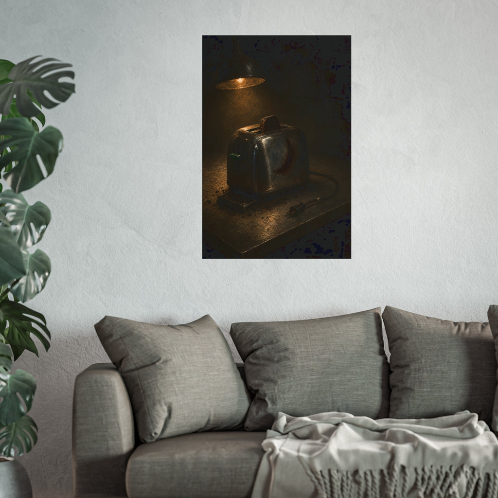 A scorched toaster under a work lamp, burnt toast standing in its slot. The Table of Examination by Garabaggio, fine art print hanging in a room.