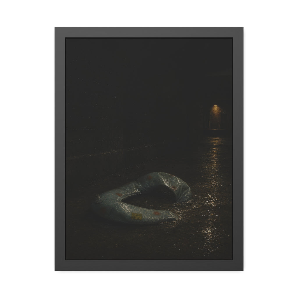 A deflated pool float ring on wet alley pavement, a lit doorway far behind. The Crossing of the Alley by Garabaggio, framed fine art print, 18″ x 24″.