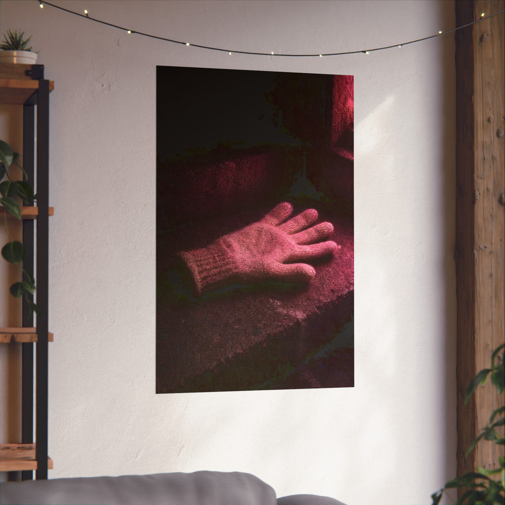 A knitted glove lying flat on a concrete step under pink light. The Vigil in Pink Light by Garabaggio, fine art print hanging in a room.