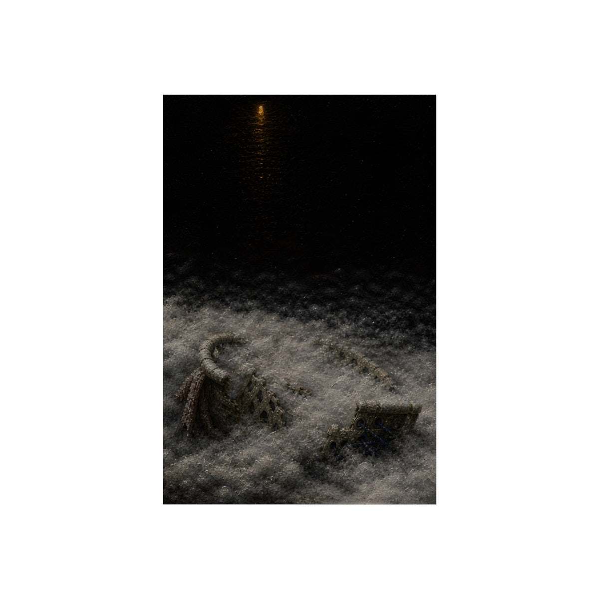 A broken laundry basket half buried in a snowbank under a distant light. Lattice in the Snowbank by Garabaggio, fine art print, 24″ x 36″.