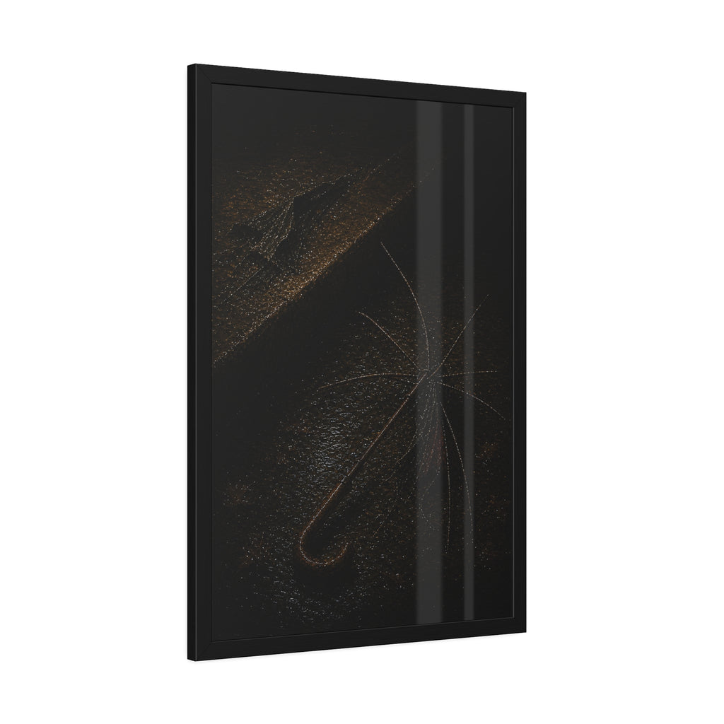 A stripped umbrella frame on wet pavement, its fabric torn away. The Stripping of the Canopy by Garabaggio, framed fine art print hanging in a room.